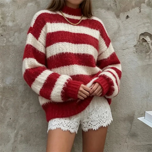 Striped Fuzzy Crew Neck Sweater
