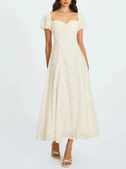 White Lace Short Puff Sleeve Tie Up Babydoll Maxi Dress