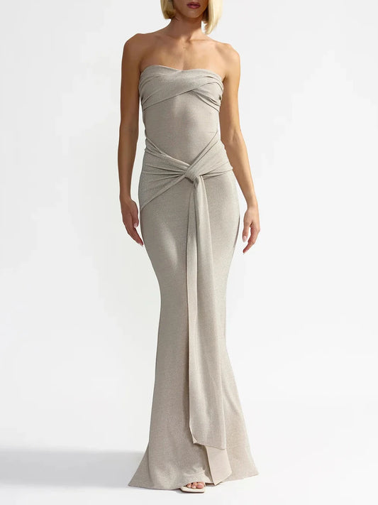Grey Waist Tie Strapless Draped Maxi Dress