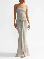 Grey Waist Tie Strapless Draped Maxi Dress