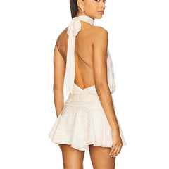 Satin Tie Neck Elastic Smocked Waist Open Back Mini Dress