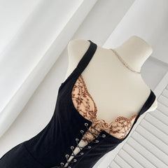 Black Lace-up Embroidered Patchwork Sleeveless Mini Dress