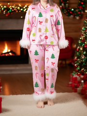 Christmas Tree Printed Button Down Top with Pants Pj Set