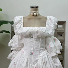 White Square Collar Puff Long Sleeve Lace Trim Floral Embroidered Mini Dress