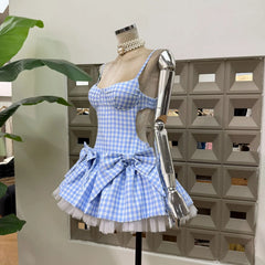 Gingham Spaghetti Strap Bow Tulle Hem Mini Dress