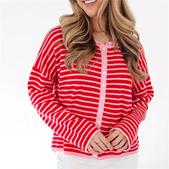 Striped Knit Crew Neck Cardigan