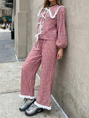 Red Plaid Long Sleeve Doll Collar Tie Up Top And  Wide Leg Pants Sets