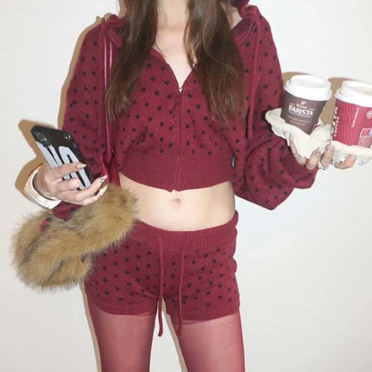 Knit Polka Dot Zip Up Cropped Hoodie and Shorts Set