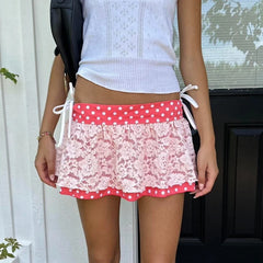 Pink Polka Dot Lace Patchwork Mini Dress