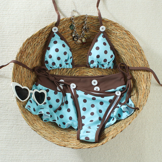 Polka Dot Triangle Bikini With Micro Skirt  Swimwear 3 Piece Set