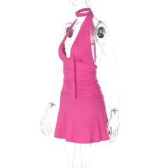 Halter Deep V-Neck Drape Ribbion Mini Dress