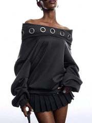 Grey Off-Shoulder Metal Eyelet Hooded Sweatshirt