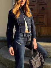 Stand Collar Denim Button Jacket