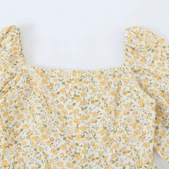 Yellow Floral Print Square Collar Smocked Long Sleeve Mini Dress