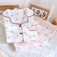Cotton Cherry Print  Long-sleeved Shirt And Pants Loungewear Set