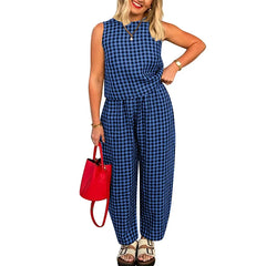 Printed Plaid Sleeveless Vest And Wide Pants Set