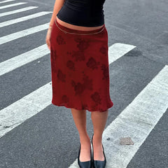 Red Floral Print Low Waist Double Layer Mesh Midi Skirt