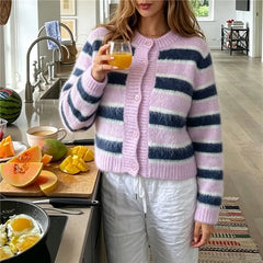 Fuzzy Mohair Striped Round Neck Button Crop Cardigan