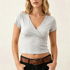 Solid Wrap V-Neck Short Sleeve T-Shirt