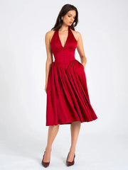 Red Satin Halter Deep V Neck Midi Dress