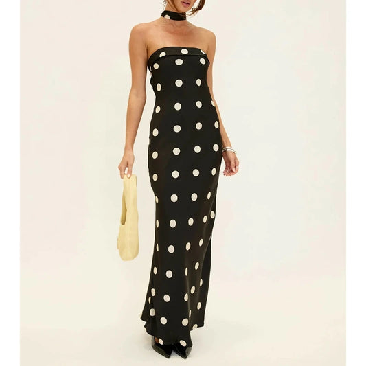 Strapless Dot Print Maxi A-line Dress with Scarf