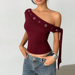 Asymmetrical Ribbon Metal Eyelet One-Shoulder Top