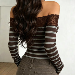 Brown Off-Shoulder Striped Lace Trim Long Sleeve Top
