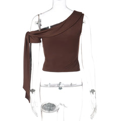 Asymmetrical Ribbon Metal Eyelet One-Shoulder Top