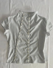 Stripe Double Button Up Mock Neck Shirt