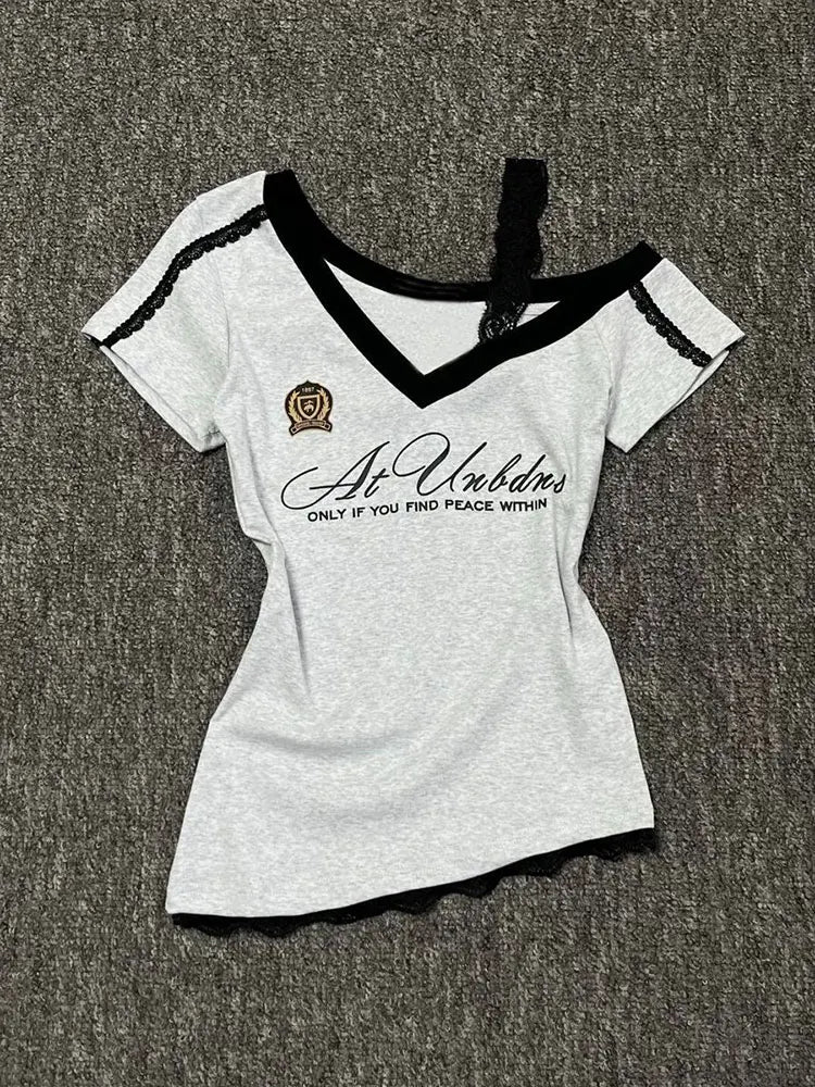 トップス S lace trim off shoulder tops (gray) Grey Lace Sport Off shoulder Top – Free From Label