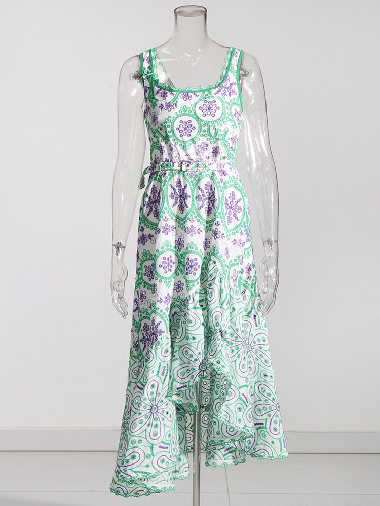 Embroidered Design Frill Midi Dress