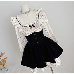 Satin Polka Dot Square Collar Long Sleeve Black Mini Dress
