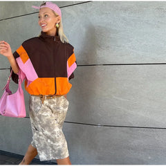 Color Block Collared Zip Up Jacket