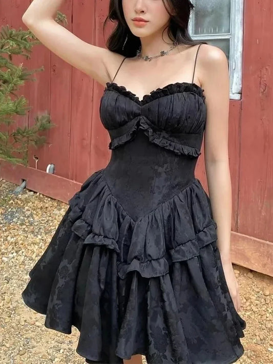 Black Jaqquared Print Spaghetti Strap A-line Mini Dress