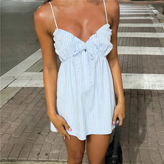 Blue Striped Spaghetti Strap Bow Detail Tie Mini Dress