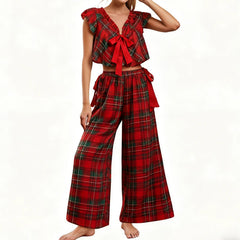 Red Boknot Gingham Babydoll Crop Top And Pants Pajama Set