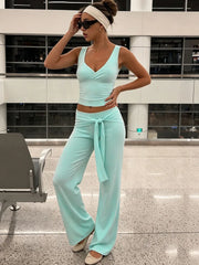 Solid V-Neck Tank Top And Tie-up Low-Waist Pants Set