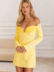 Yellow V Neck Off-shoulder Long Sleeve Mini Dress