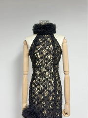 Lace Halter Neck Fur Trim Patchwork Side Split Midi Dress