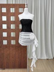 White And Black Sequin Patchwork Flower Draped Mini Dress