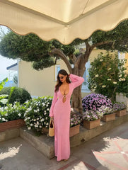 Knitted Long Sleeve Deep V-Neck Ring Detail Maxi Dress