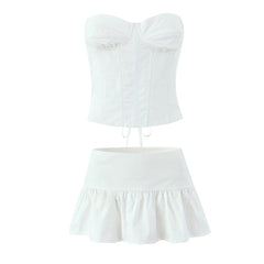 White Tie Up Corset And Mini Skirt Set