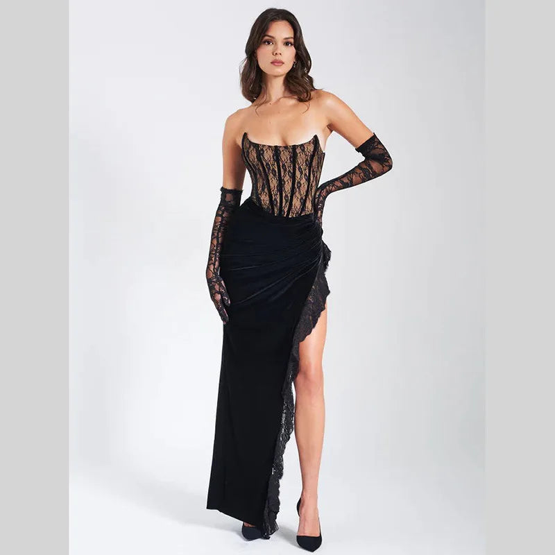 Black Lace Tube Frill Slit Maxi Dress