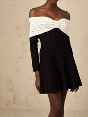 Black Off Shoulder Long Sleeves Bow Design A-line Dress
