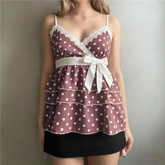 Polka Dot Layered Ruffle Babydoll Bow Cami Top