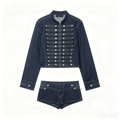 Denim Embroidered Button Jacket And Micro Shorts Set