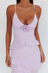 Spaghetti Strap 3D Rose V Neck Ruffle Maxi Dress