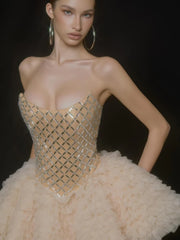 Strapless Rhinestones Mesh Tulle Puff Mini Dress