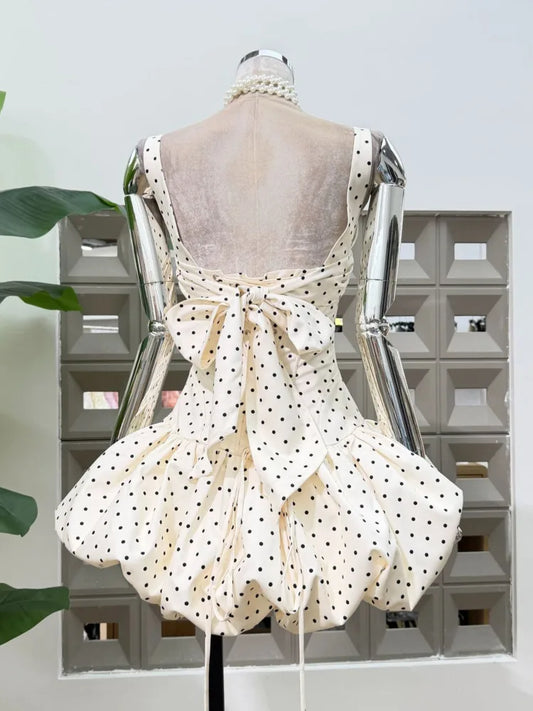 Polka Dot Corset Bow Front Flared Bubble Hem Mini Dress