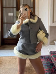 Grey Button Up Fur Trim Collar Crop Jacket And Shorts Set